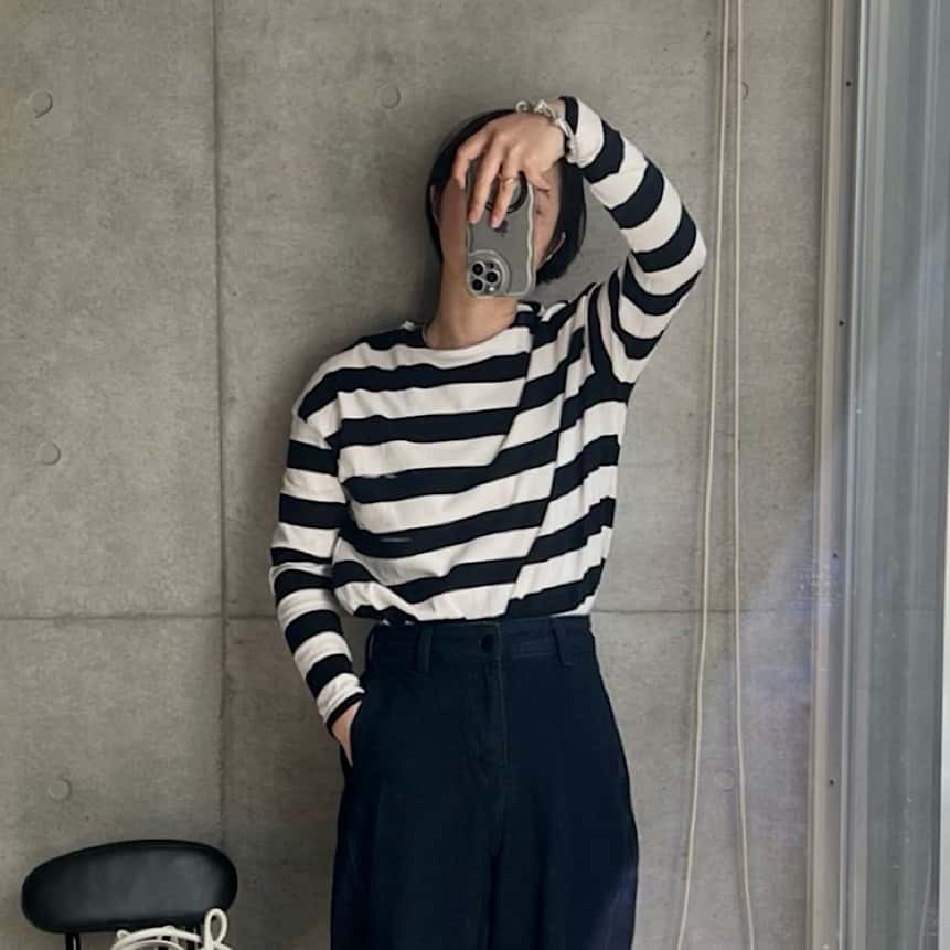 【OMNES】10番単ボーダーワイドシルエットスリット長袖Tシャツ レディース フリーサイズ カットソー ボーダーTシャツ カジュアル カラー トップス HAPTIC ハプティック オムクロ PURPLE LABEL オムネスパープルレーベル