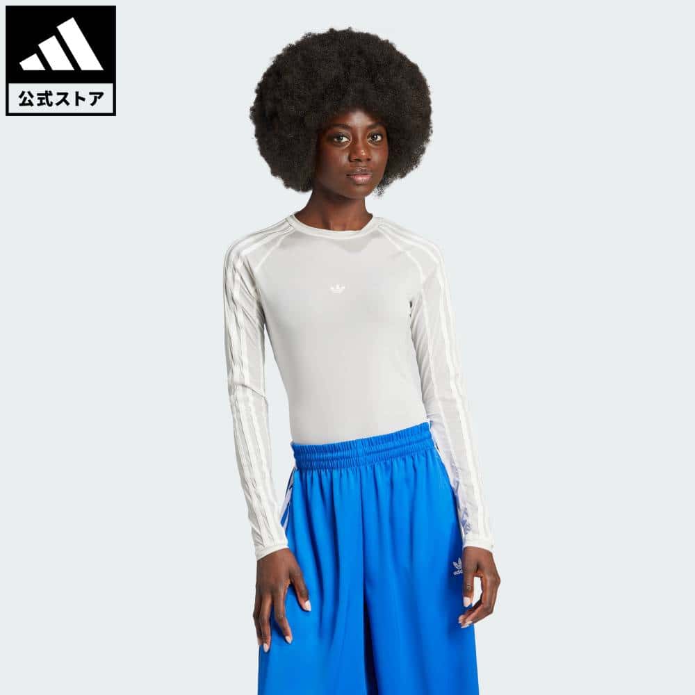 【公式】アディダス adidas 返品可 ライフスタイル ルーシュ スリーストライプス入りシアー長袖Tシャツ オリジナルス レディース ウェア・服 Tシャツ 白 ホワイト IZ4941 ロンt