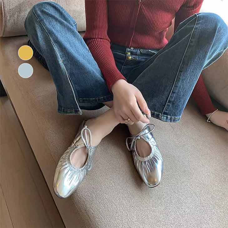 【半額クーポン対象】ラウンドトゥ バレエシューズ レースアップ ぺたんこ フラット ギャザー ローヒール PU パンプス 歩きやすい ガーリー シンプル お洒落 レディース 大人 韓国ファッション【k3-bx9】【即納：1-5営業日】【送料無料】60込