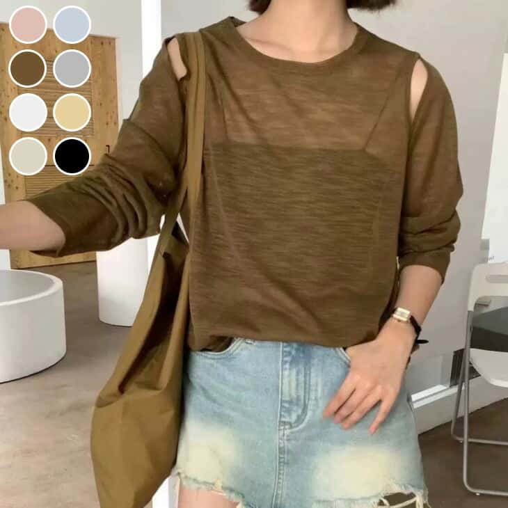 リネンライク シアー トップス カットアウト 長袖 トレンド 韓国ファッション おすすめ 可愛い おしゃれ レディース メール便 2026春夏新作【atp406-564】【予約販売：15-20日】【送料無料】ユ込2