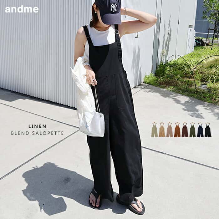 リネン ブレンド ワイド ベイカー サロペット レディース ボトム パンツ リネンパンツ ワイドパンツ オーバーオール オールインワン キャミサロペット ズボン 体型カバー 太ももカバー ゆったり 楽ちん ポケット ノースリーブ 薄手 カジュアル 夏服 M L 春夏 春 夏 秋