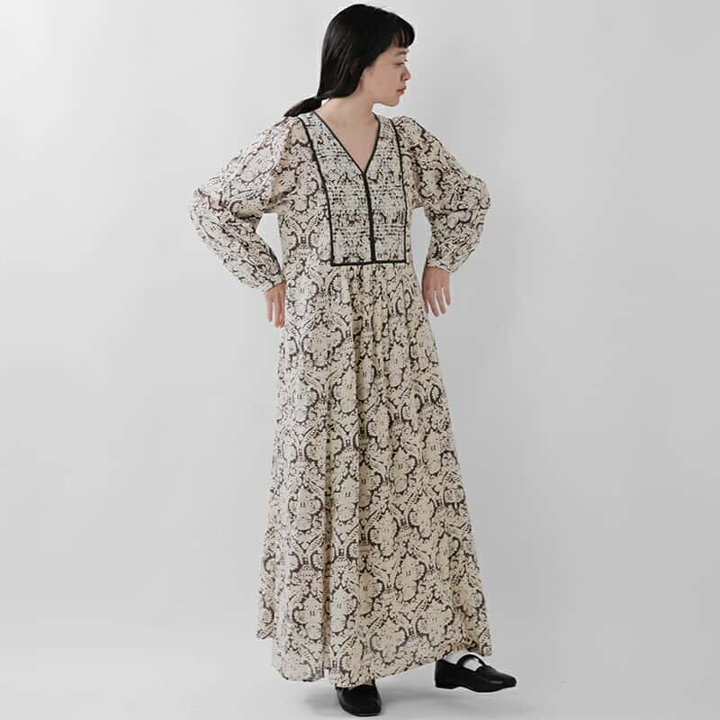 ne Quittez pas ヌキテパ ドビー ストライプ ダマスクプリント ヨークシャーリング ドレス “Dobby Stripe Damask Print Yoke Shirring Dress” 010451zy1 レディース ワンピース ロング 長袖