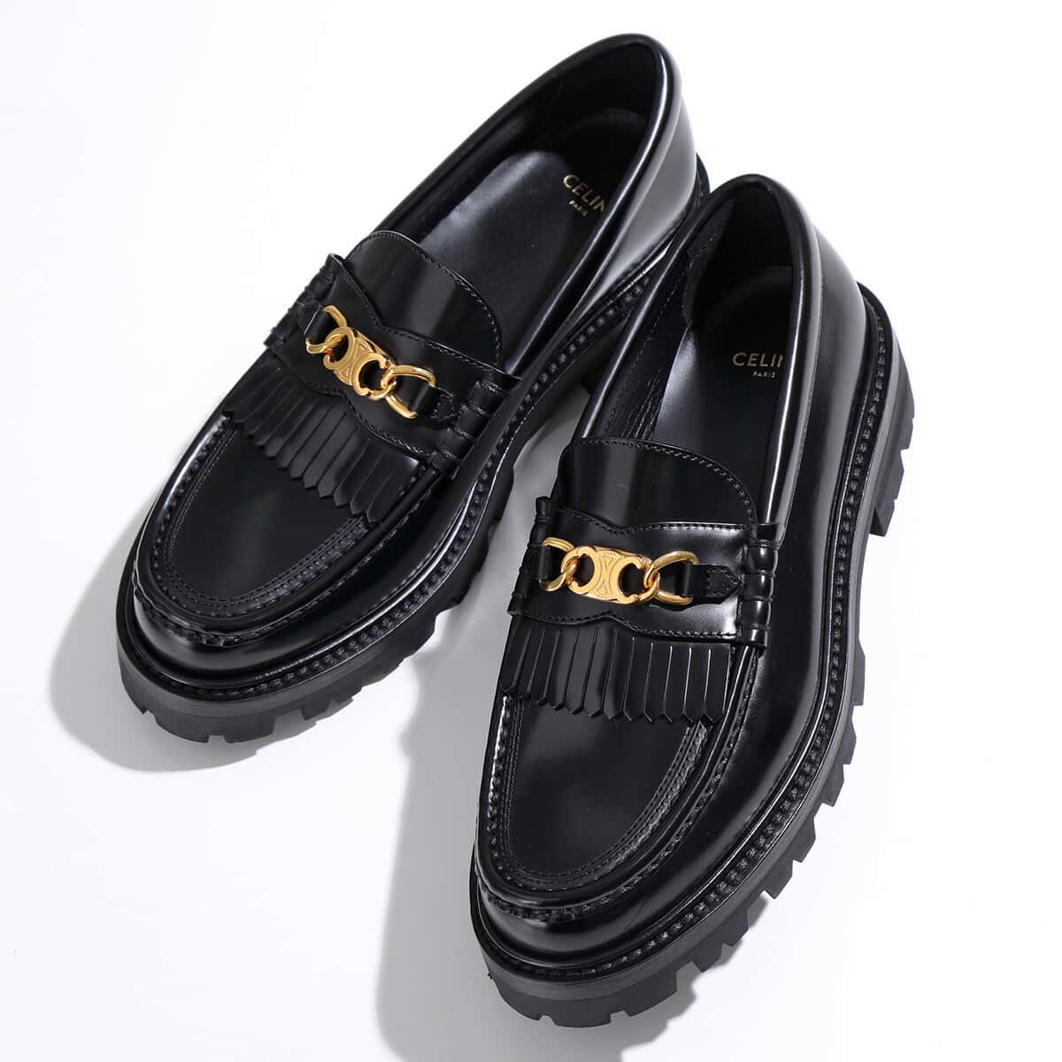 CELINE セリーヌ ローファー MARGARET マーガレット 344893602C.38NO レディース トリオンフチェーン付き レザー フリンジ シューズ 靴 38NO/BLACK