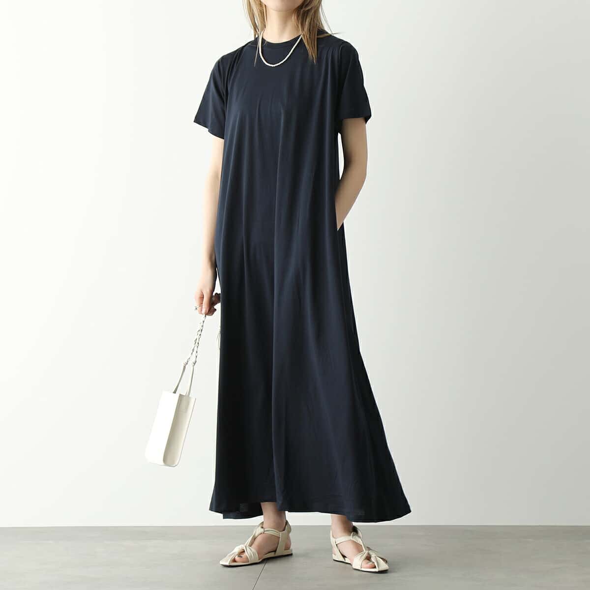 DEMYLEE デミリー ワンピース SARAH WCS21220 レディース コットン クルーネック 半袖 ロング丈 フレア NAVY