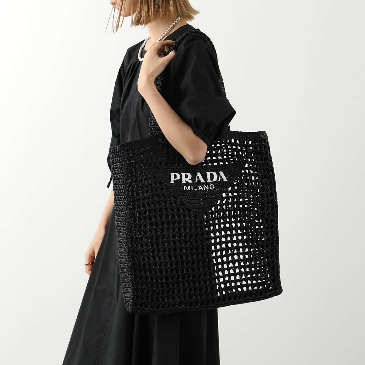 PRADA プラダ トートバッグ RAFIA ラフィア 2VG105 OOO 2A2T レディース カゴバッグ かごバッグ ロゴ 刺繍 ストロー 鞄 F0002/NERO