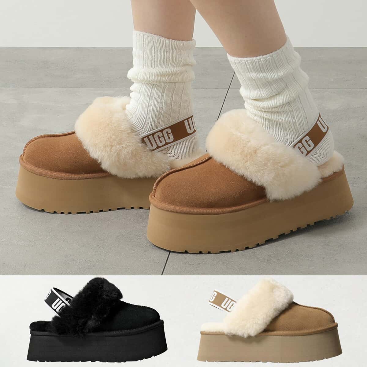 UGG アグ プラットフォーム サンダル FUNKETTE 1113474 レディース ファンケット スウェード シープスキン ファー ストラップ 厚底 靴 カラー3色