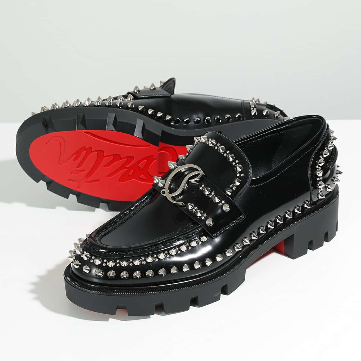 Christian Louboutin クリスチャンルブタン ローファー MOC LUG SPIKBS FLAT 3230797 レディース CLロゴ スタッズ装飾 エナメル シューズ 靴 B439/BLACK/LIN-BLACK 3230797B439