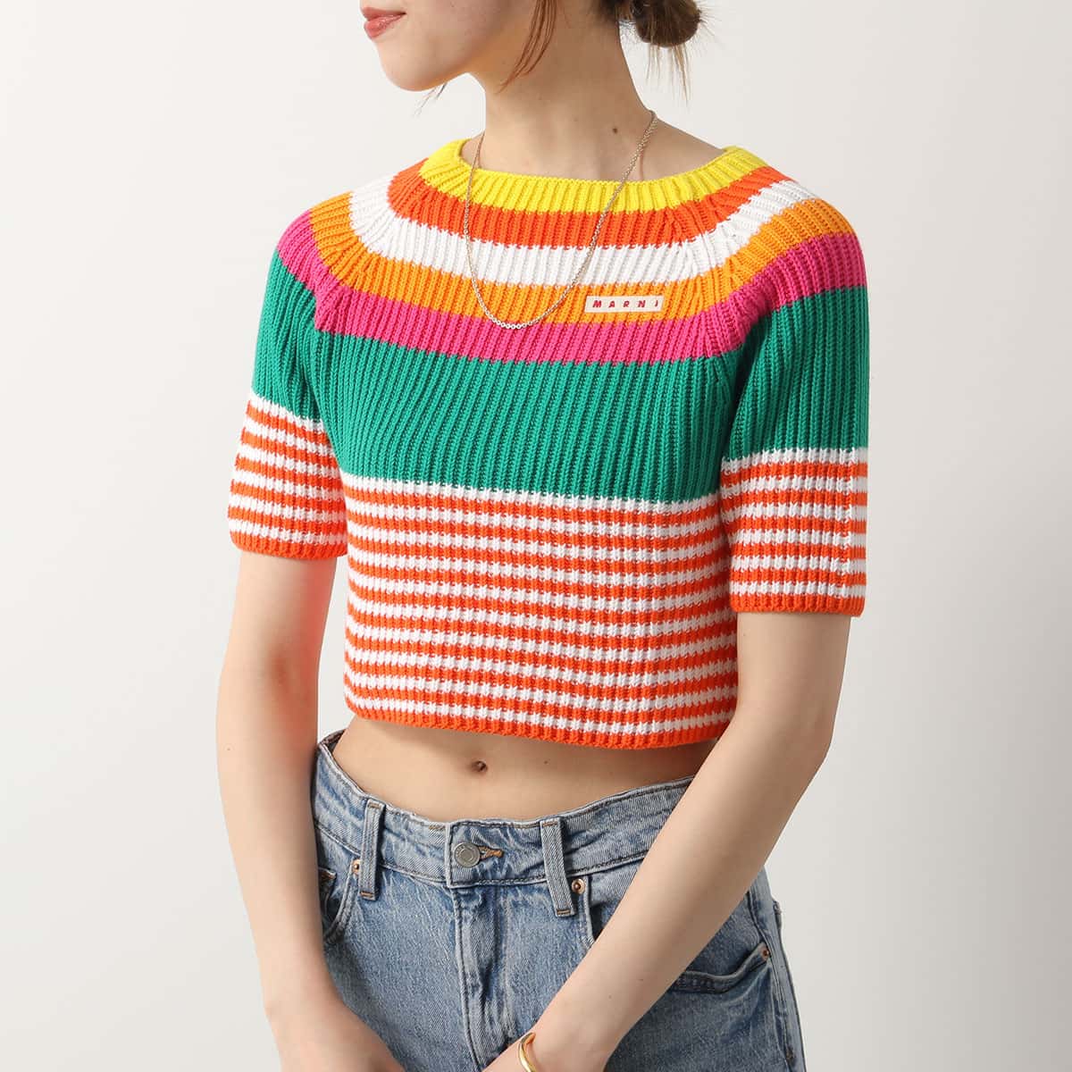 MARNI KIDS マルニ キッズ セーター M01048 M00RX レディース ガールズ ニット 半袖 ボーダー ロゴ コットン クロップド丈 0M429