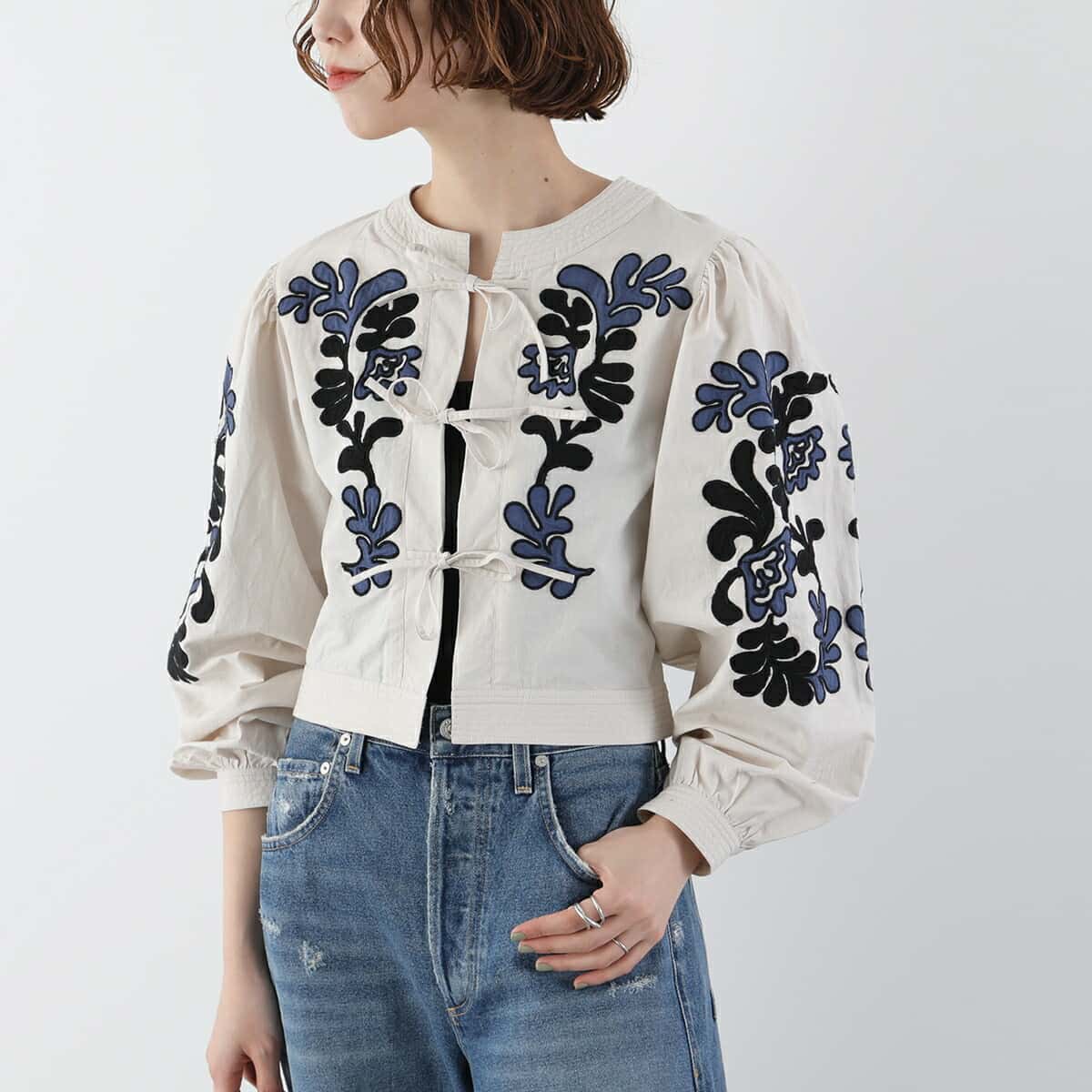 Sara mallika サラマリカ シャツブルゾン Cotton Linen Patchwork Embroidery Top 020151SF2 レディース コットン リネン 刺繍 トップス ECRU