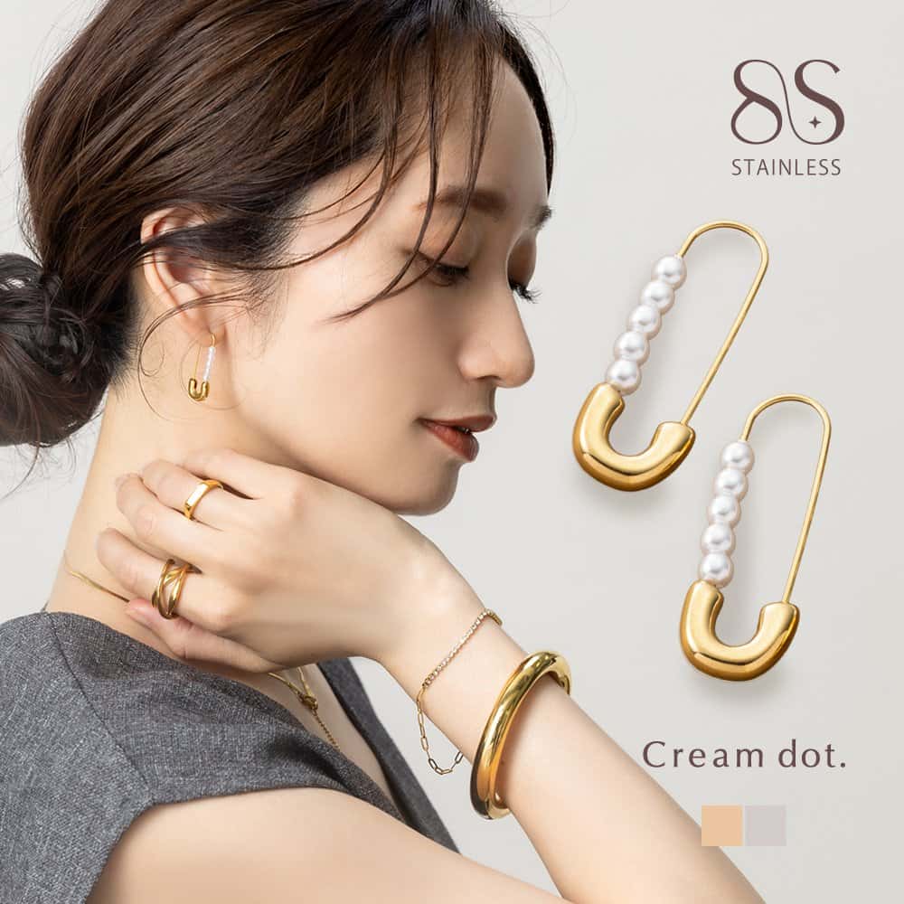 【サージカルステンレス】 ステンレス製 ピアス 金属アレルギー対応 つけっぱなし レディース キャッチレス フープピアス 安全ピン 5粒 パール 小粒 大人 ゴールド シルバー