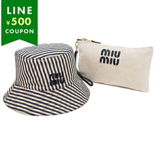 ミュウミュウ 帽子 リバーシブルハット ポーチ リストレット ストライプ ベージュ ブルー レディース MIU MIU 5RM030 2CQQ F0Z12
