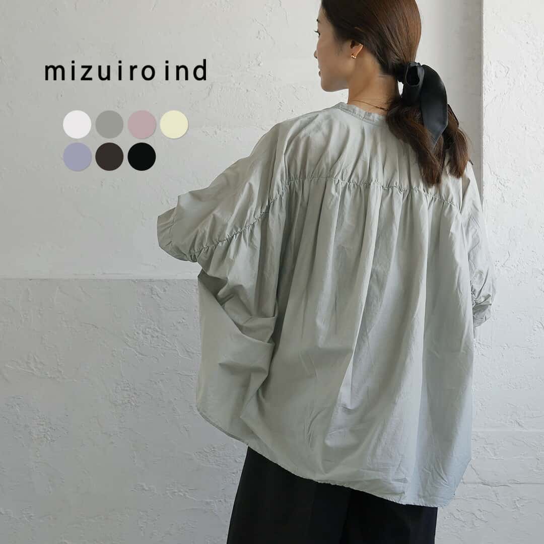 【10％OFFクーポン対象】mizuiro ind（ミズイロインド） バックギャザー ワイドシャツ 日本製 / レディース トップス ブラウス 長袖 ノーカラー スタンドカラー 無地