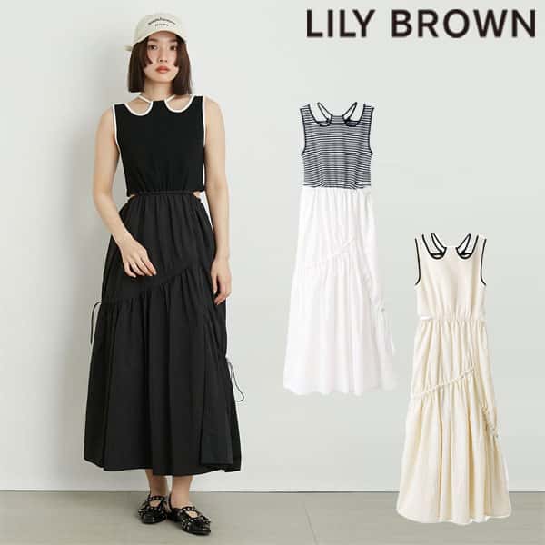 【即納】 リリーブラウン LILY BROWN ワンピース 24春夏 カットコンビドロストワンピース ロング丈 ノースリーブ lwco244132