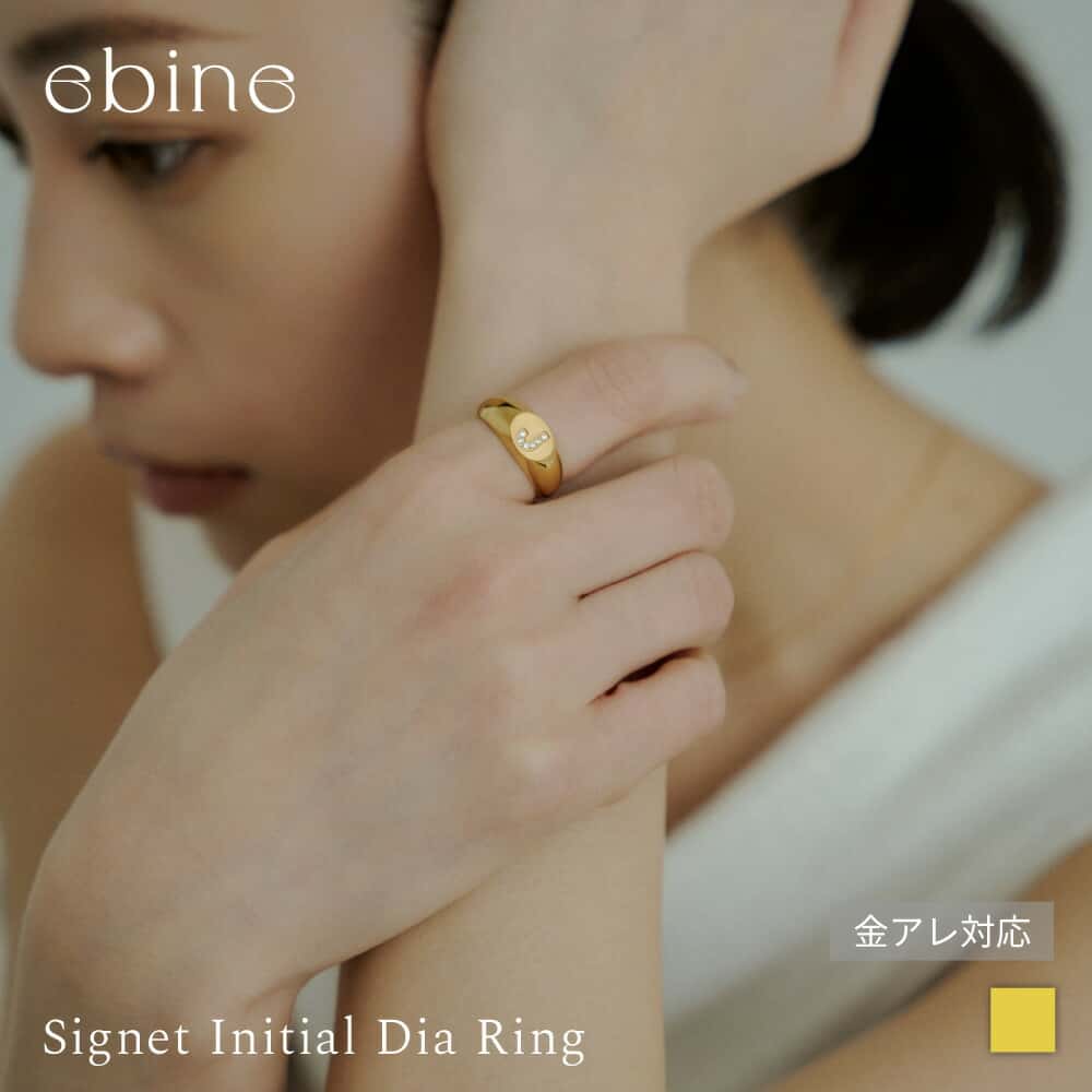 【新イニシャル追加】シグネット イニシャルダイヤリング / Gold｜指輪 リング おしゃれ サージカル ステンレス シンプル 華奢 つけっぱなし 重ね着け 金アレ 対応 316L 変色 しづらい 大人可愛い 高見え プレゼント ギフト エビネ ゴールド
