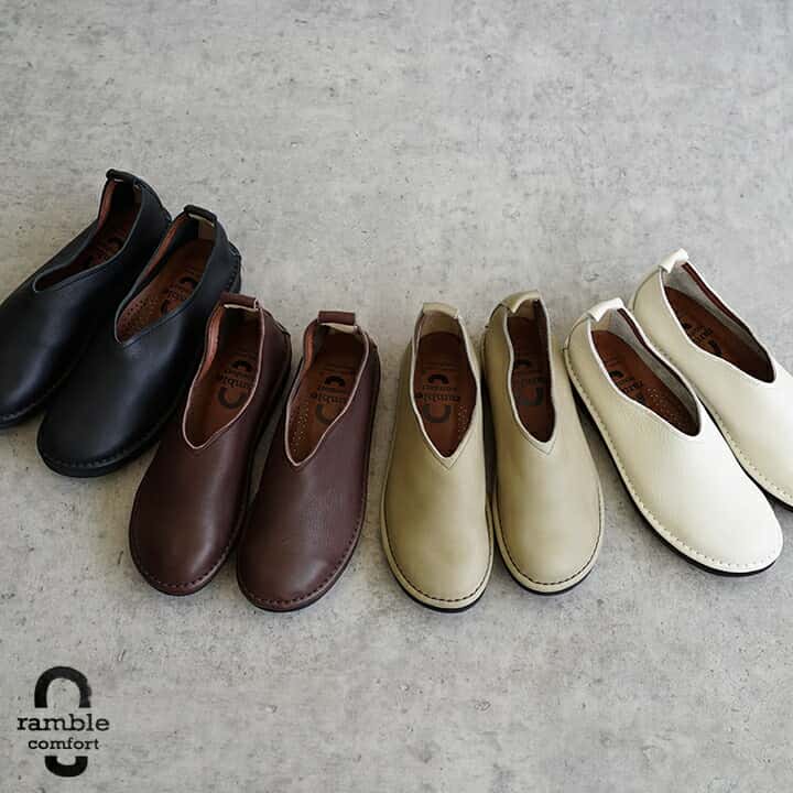 ★【送料無料】ramble comfort（ランブル コンフォート）シュリンクレザーVカットフラットシューズ