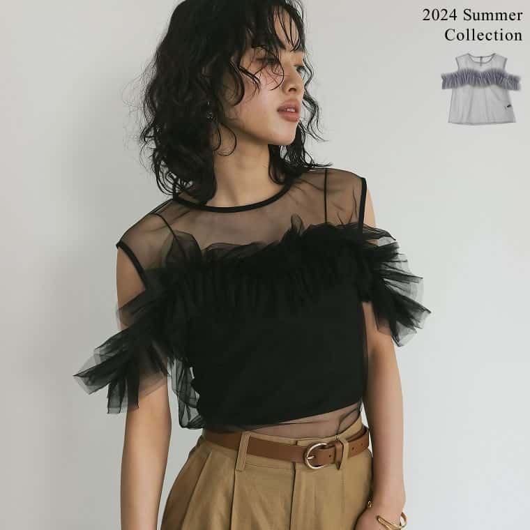 【全品2BUY15%OFFクーポン有】M/Lサイズ マルチウェイオフショルチュールトップス トップス ノースリーブ チュール カジュアル シンプル 大人可愛い お洒落 フリル チュール 半袖 オフショル オフショルダー シアー シアートップス