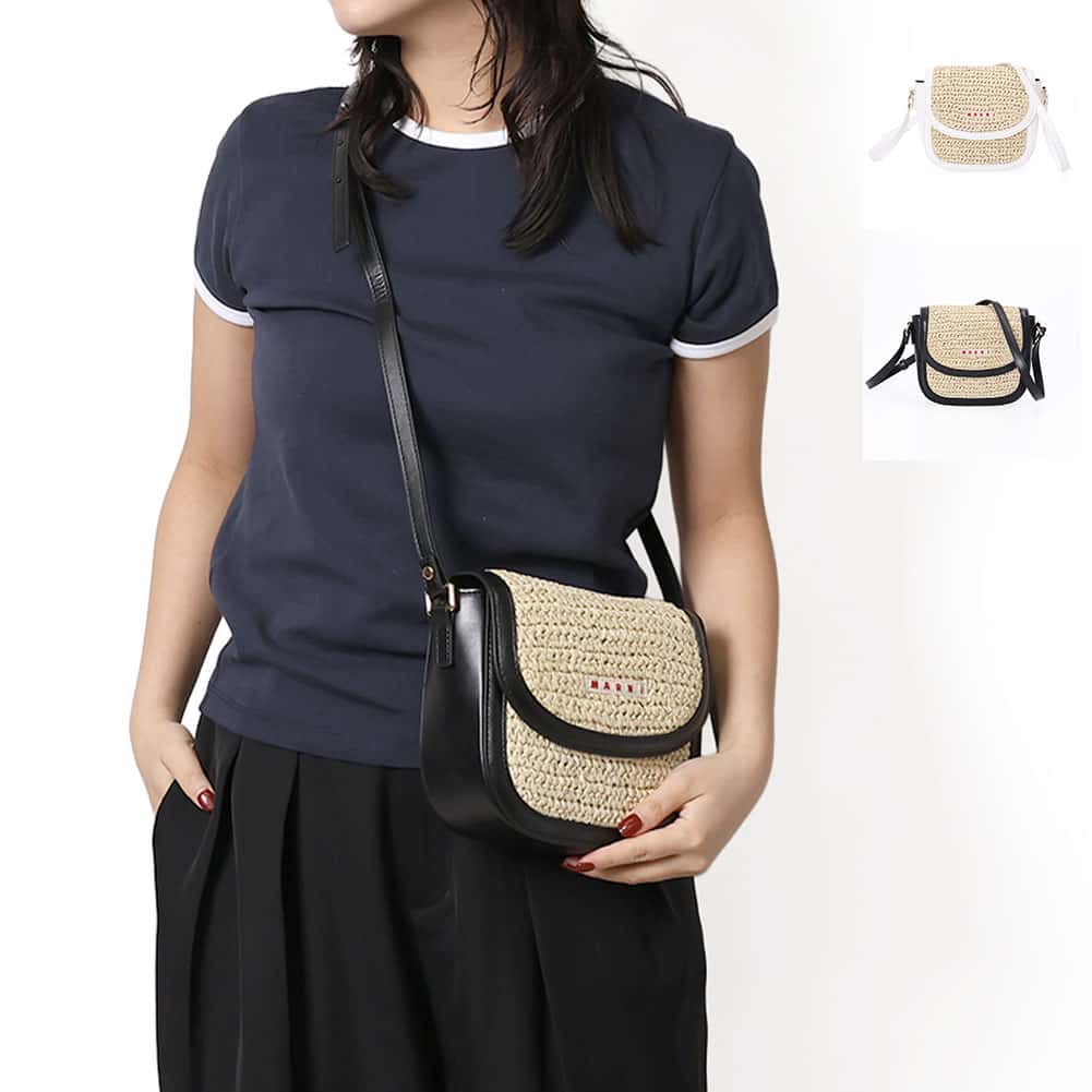 〈クーポン5%OFF〉マルニ キッズ／MARNI KID'S "MW113F RAFFIA EFFECT SMILE BAG" ショルダーバッグ　ロゴ入り　かごバッグ　ミニバッグ(ホワイト　ブラック) M01828 M00WR 0M114　0M900[返品OK]