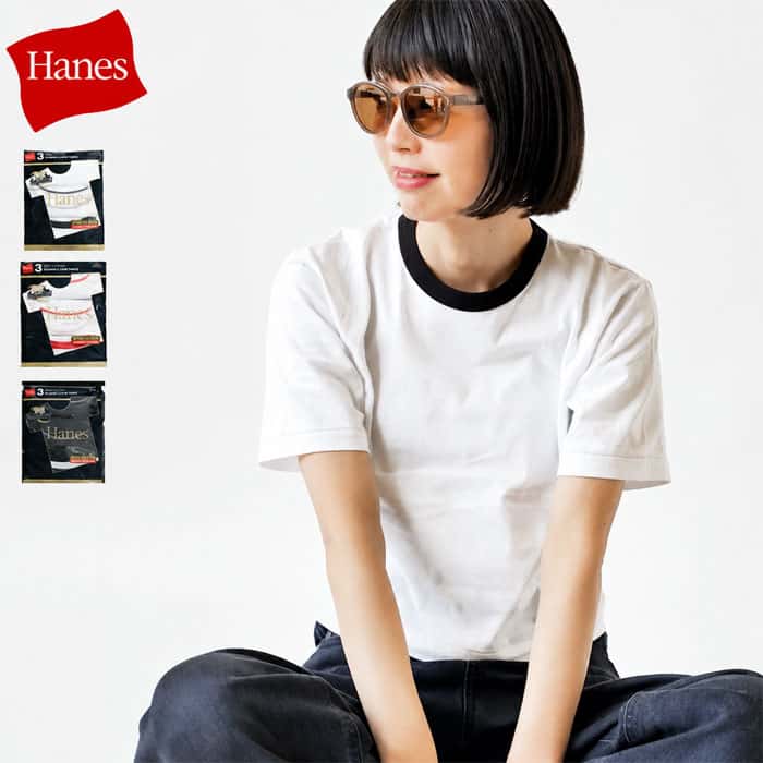 ヘインズ Hanes 3P リバーシブル クルーネック Tシャツ by THE DODO JEAN レディース T-SHIRTS パックT 3枚パック 半袖 コットン 丸首 無地 カットソー 百々千晴 コラボ ホワイト ブラック レッド HW1-D702【ネコポス対象】