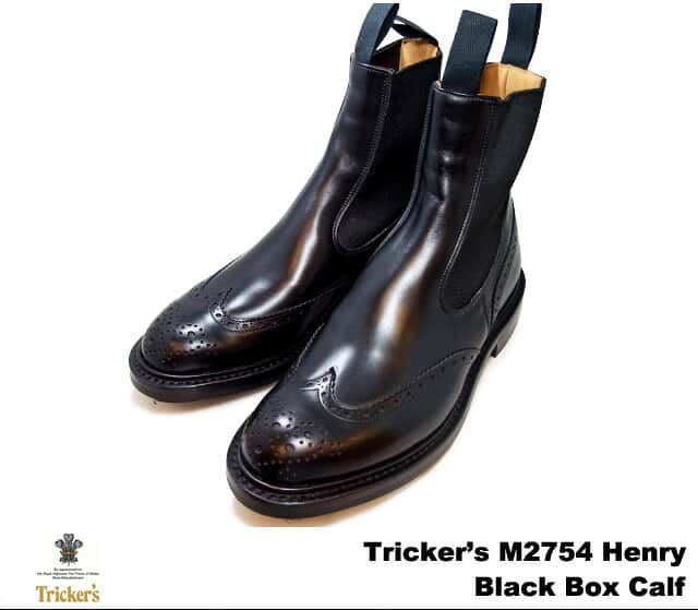 トリッカーズ サイドゴア ウィングチップ ブラックボックス カーフ メンズ ブーツ サイドゴアブーツ Tricker's M2754 Henry Elastic Brogue Boot Black Box Calf