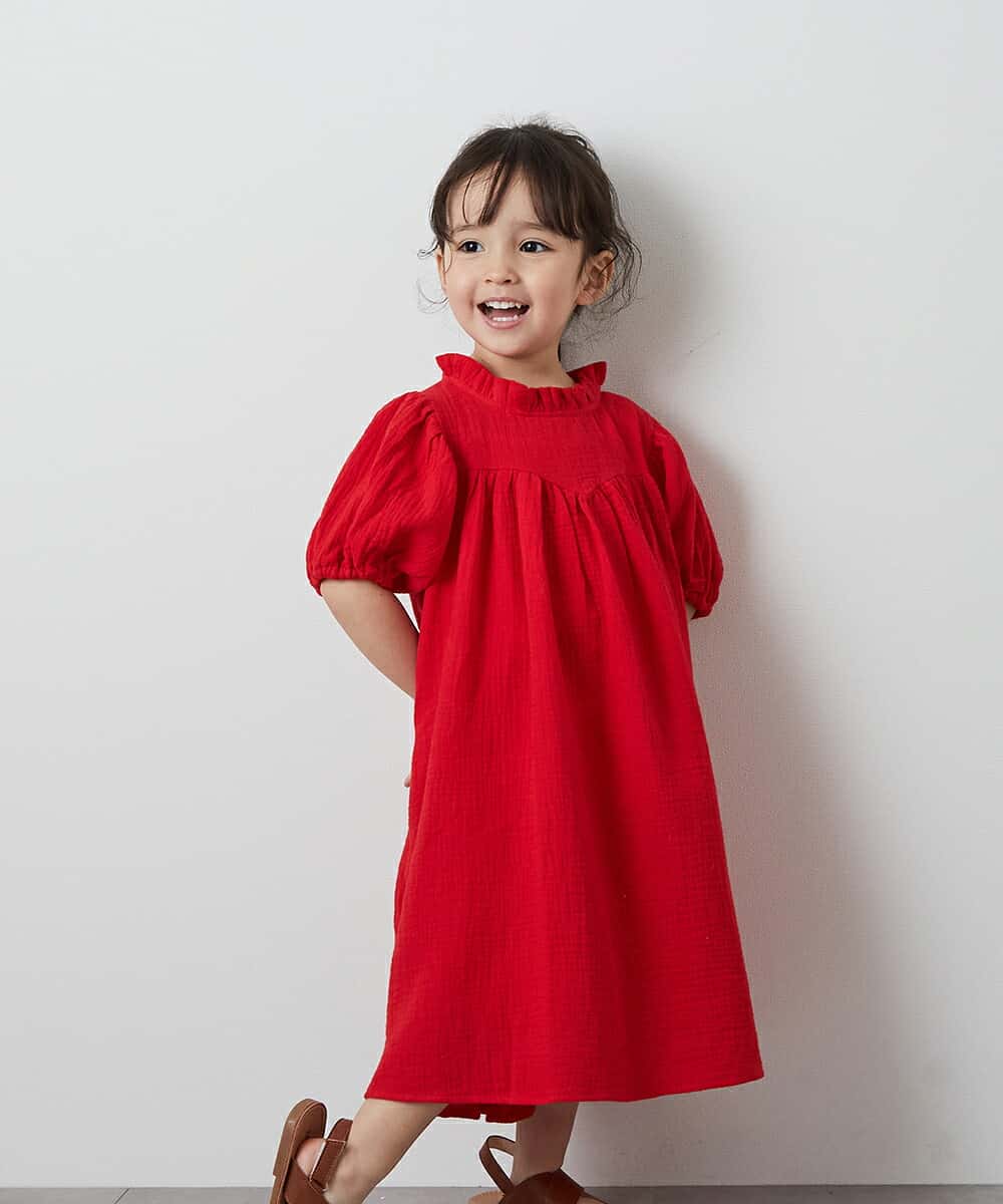 ダブルガーゼ衿フリルパフスリーブワンピース キッズ 女の子 90-140 リジェール 子供服 kids ワンピース 春 夏 秋 ガーリー 半袖 こども 子供 ワンピ おしゃれ フリル