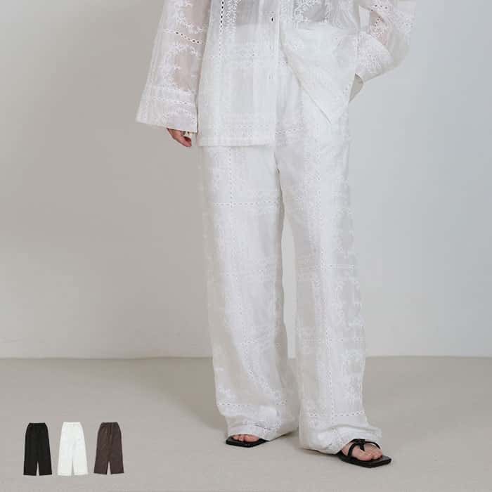 【20日(土)20:00〜2時間限定店内全商品20%OFF】【セットアップ可能】＼新色も再入荷！／パッチワークエンブロイダリーパンツ / レディース 春夏 刺繍パンツ リラックスパンツ セットアップ ストレートパンツ ウエストゴム コットン混 セレクトモカ selectmoca