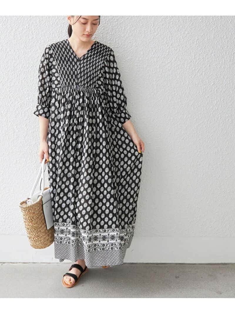 【SALE／50%OFF】＜手洗い可能＞ピンタック パネル プリント ワンピース◇ SHIPS WOMEN シップス ワンピース・ドレス ワンピース ブラック グリーン【RBA_E】【送料無料】[Rakuten Fashion]
