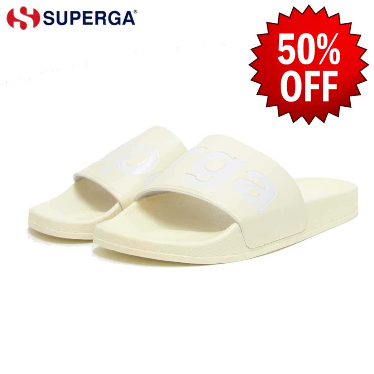 【スプリングセール 50%OFF】 スペルガ SUPERGA 1908-PU U（ユニセックス）ベージュ／ホワイト (s00dul0) ビッグロゴがインパクトなサンダル 「靴」