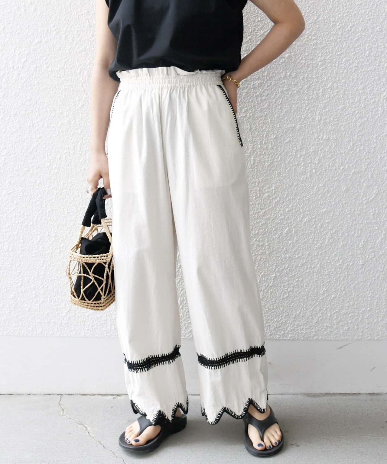 【SALE／50%OFF】SHIPS any bon_meur:＜洗濯機可能＞ブランケット エンブロイダリー パンツ シップス パンツ その他のパンツ ホワイト ブラック【送料無料】