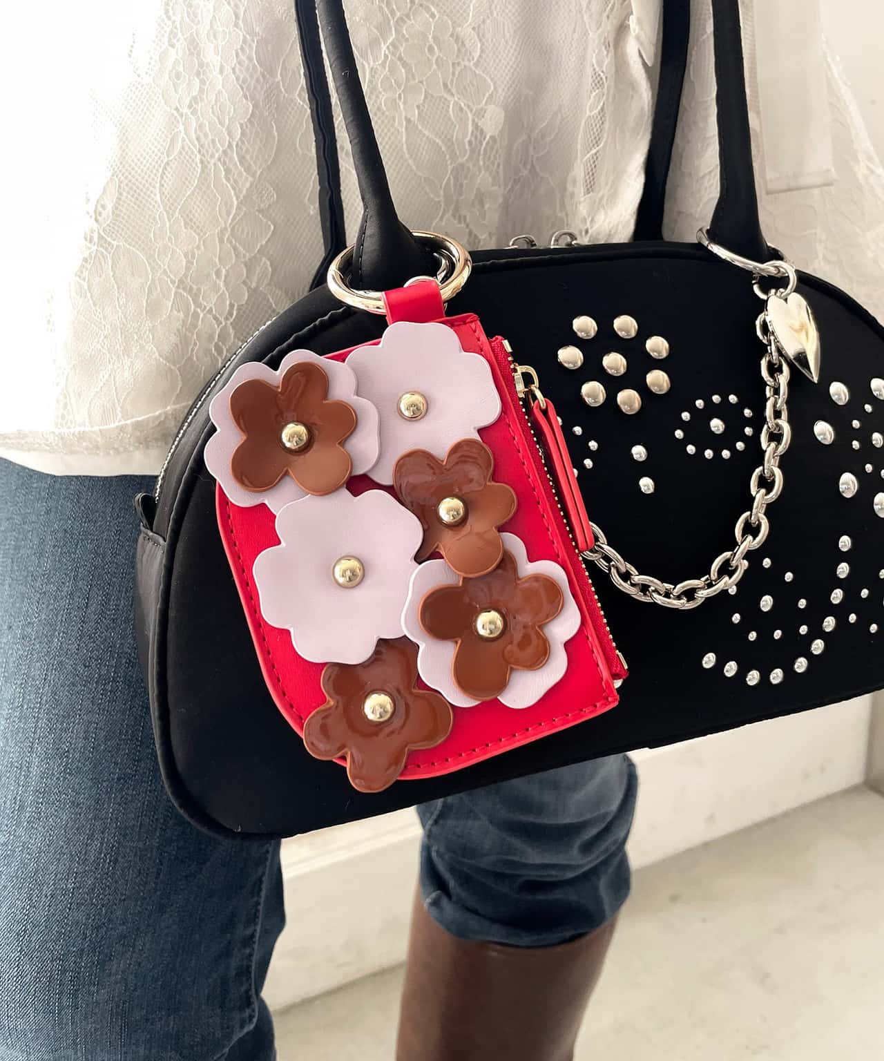 【SALE／5%OFF】Casselini Casselini(キャセリーニ)フラワーモチーフコインケース キャセリーニ 財布・ポーチ・ケース コインケース・小銭入れ・札入れ レッド シルバー ブラック【送料無料】