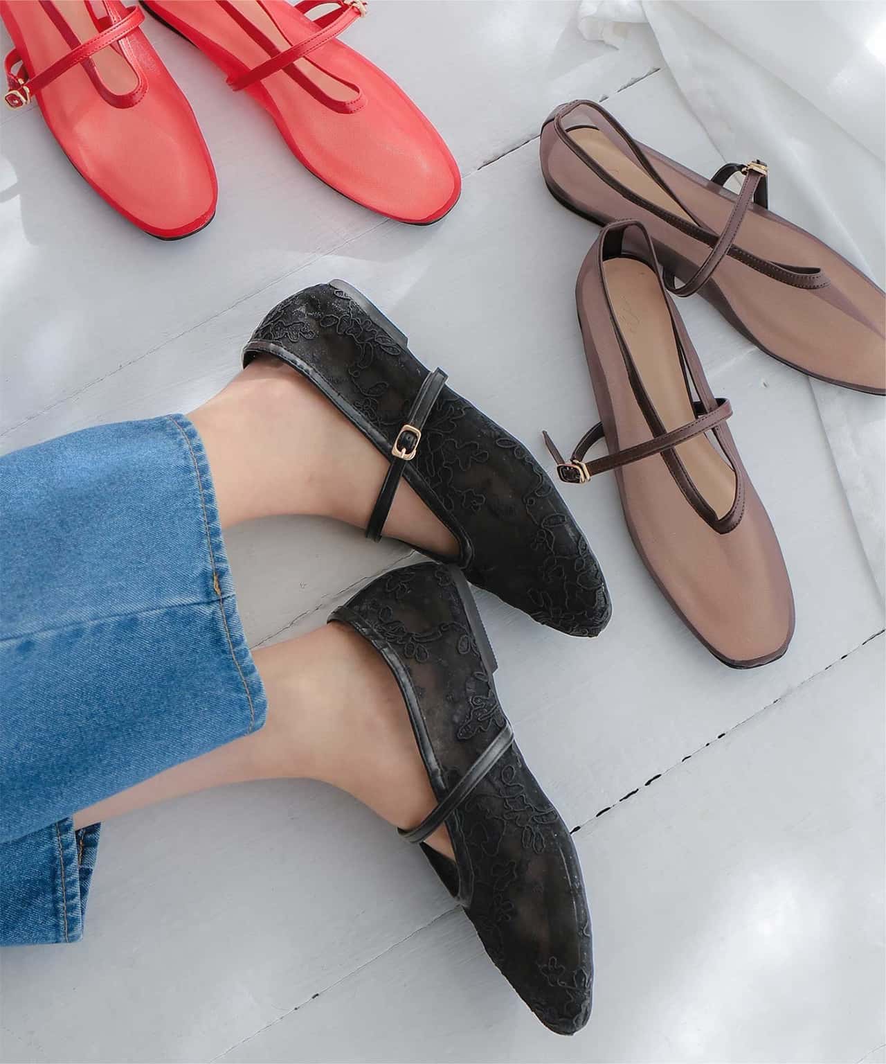 【SALE／40%OFF】titivate シアーメリージェーン 靴 パンプス シアー 柔らかい スクエアトゥ ベーシック ティティベイト シューズ・靴 バレエシューズ ブラウン ブラック