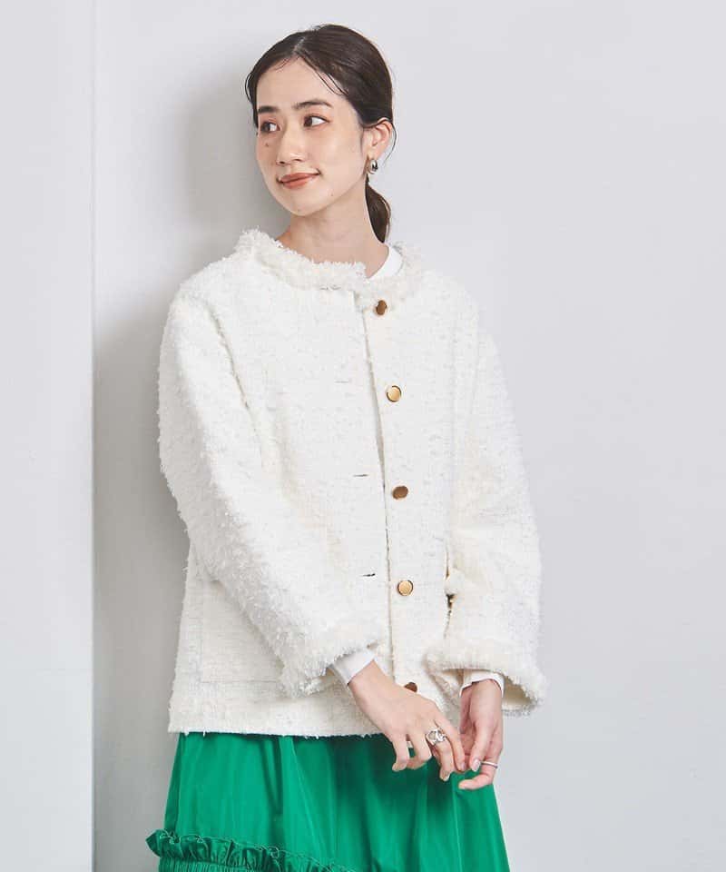 【SALE／50%OFF】UNITED ARROWS ファンシーツイード ノーカラー ジャケット ユナイテッドアローズ ジャケット・アウター ノーカラージャケット ホワイト ネイビー【送料無料】