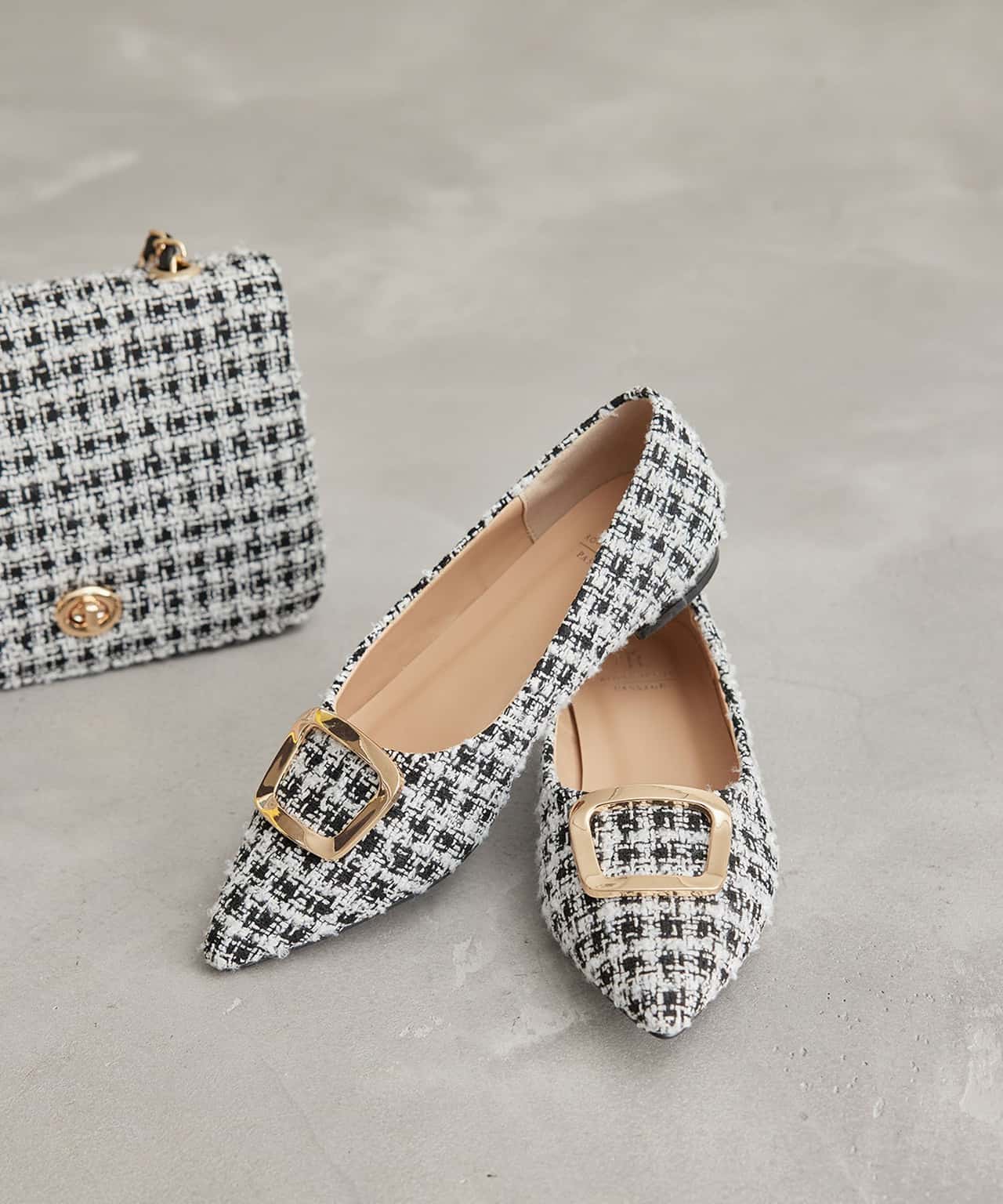【SALE／65%OFF】ROPE' PICNIC PASSAGE スクエアメタルツイードフラットシューズ ロペピクニック シューズ・靴 パンプス ブラック ベージュ
