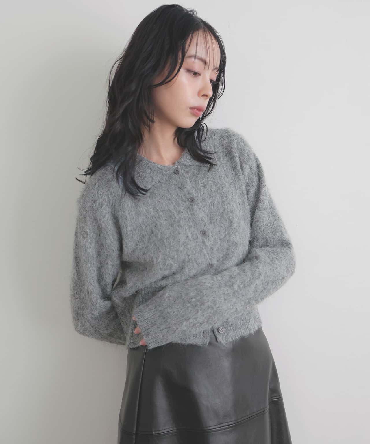 【SALE／15%OFF】LIAN シャギーポロニットカーディガン リアン トップス ニット グレー グリーン ピンク ホワイト【送料無料】