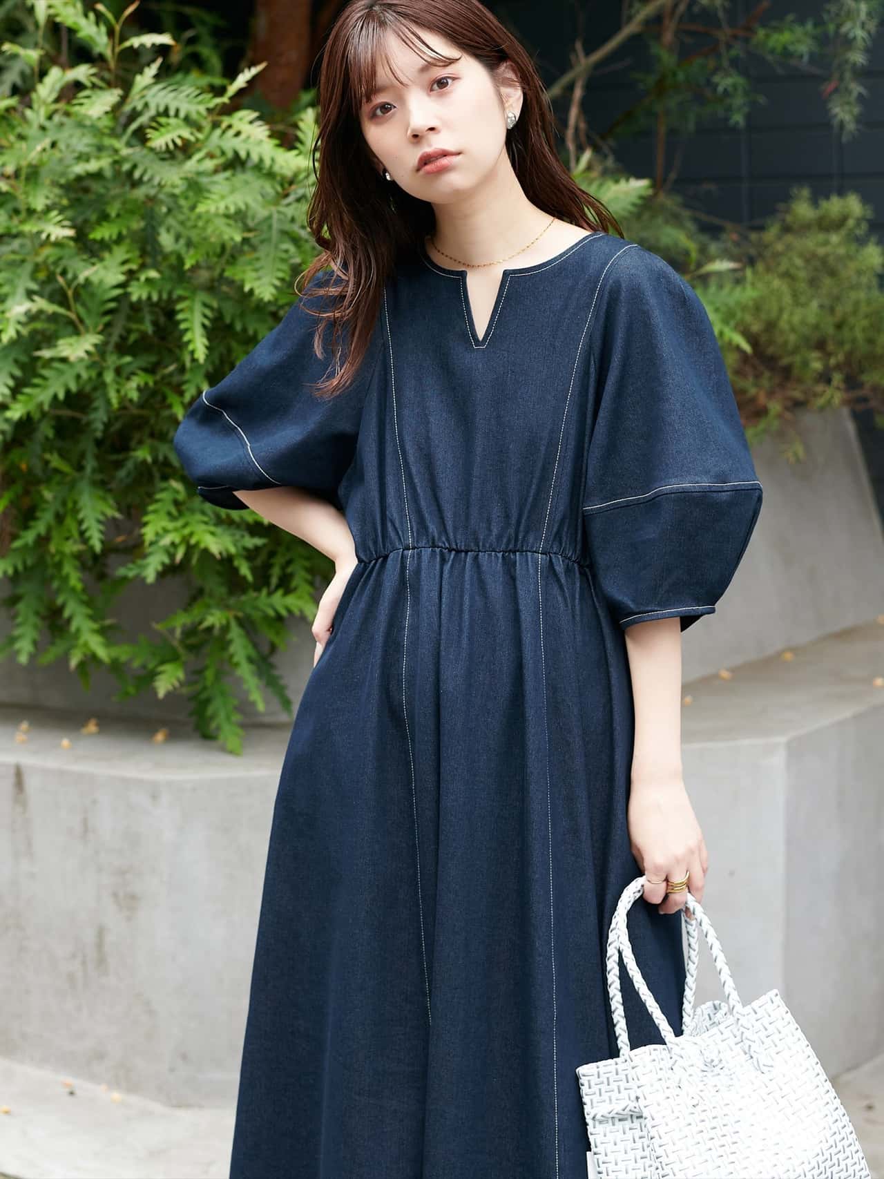 natural couture 3サイズ展開/ お家で洗える / ランタンスリーブワンピース ナチュラルクチュール ワンピース・ドレス その他のワンピース・ドレス ブルー ホワイト ブラック【送料無料】