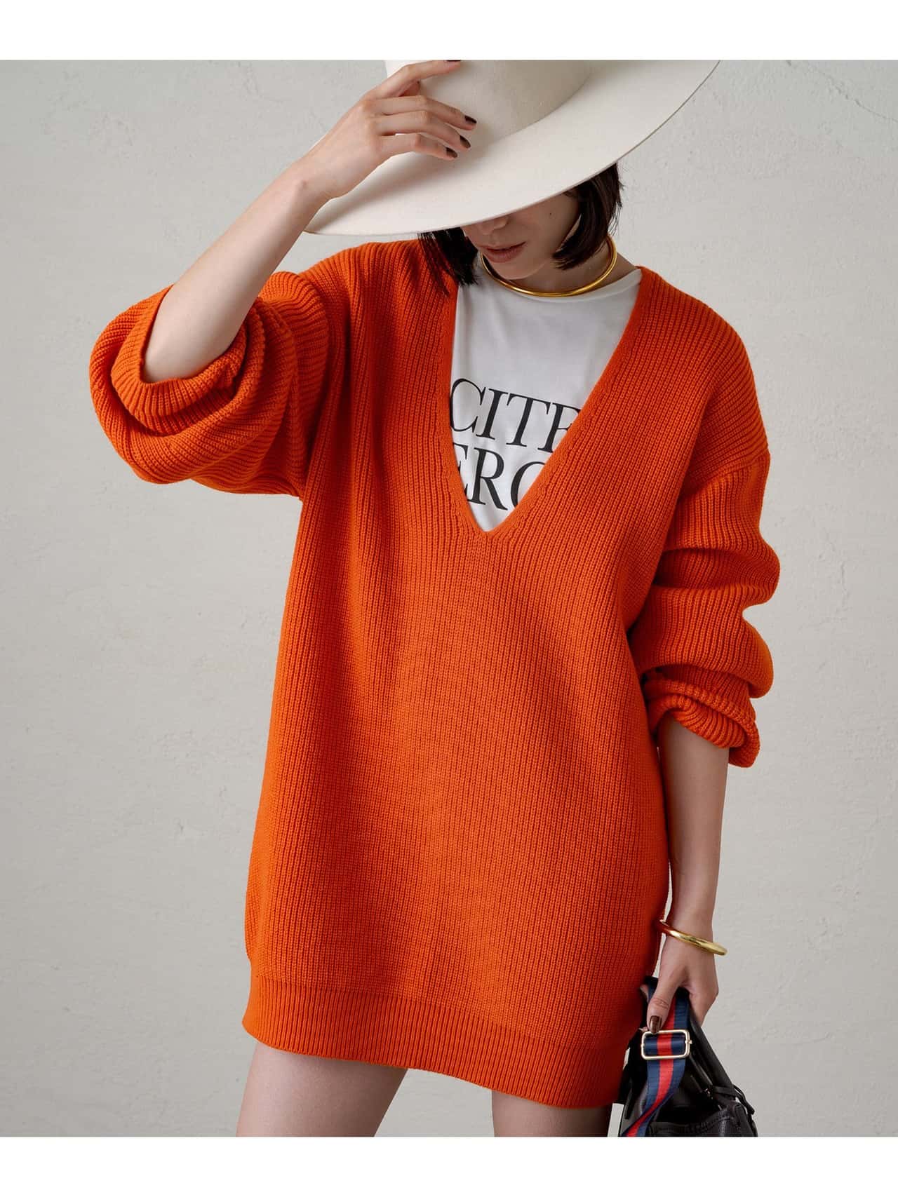 【SALE／60%OFF】PAL GROUP OUTLET 【Loungedress】深Vチュニックニット パル グループ アウトレット トップス ニット オレンジ ホワイト ネイビー【送料無料】