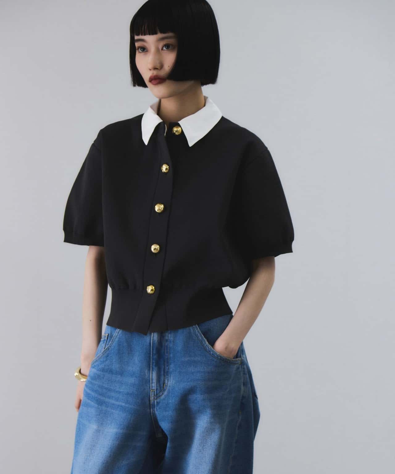 ADAM ET ROPE' FEMME 【サステナブル】カラー付きハーフスリーブカーディガン アダムエロペ トップス カーディガン ブラウン ホワイト グレー【送料無料】