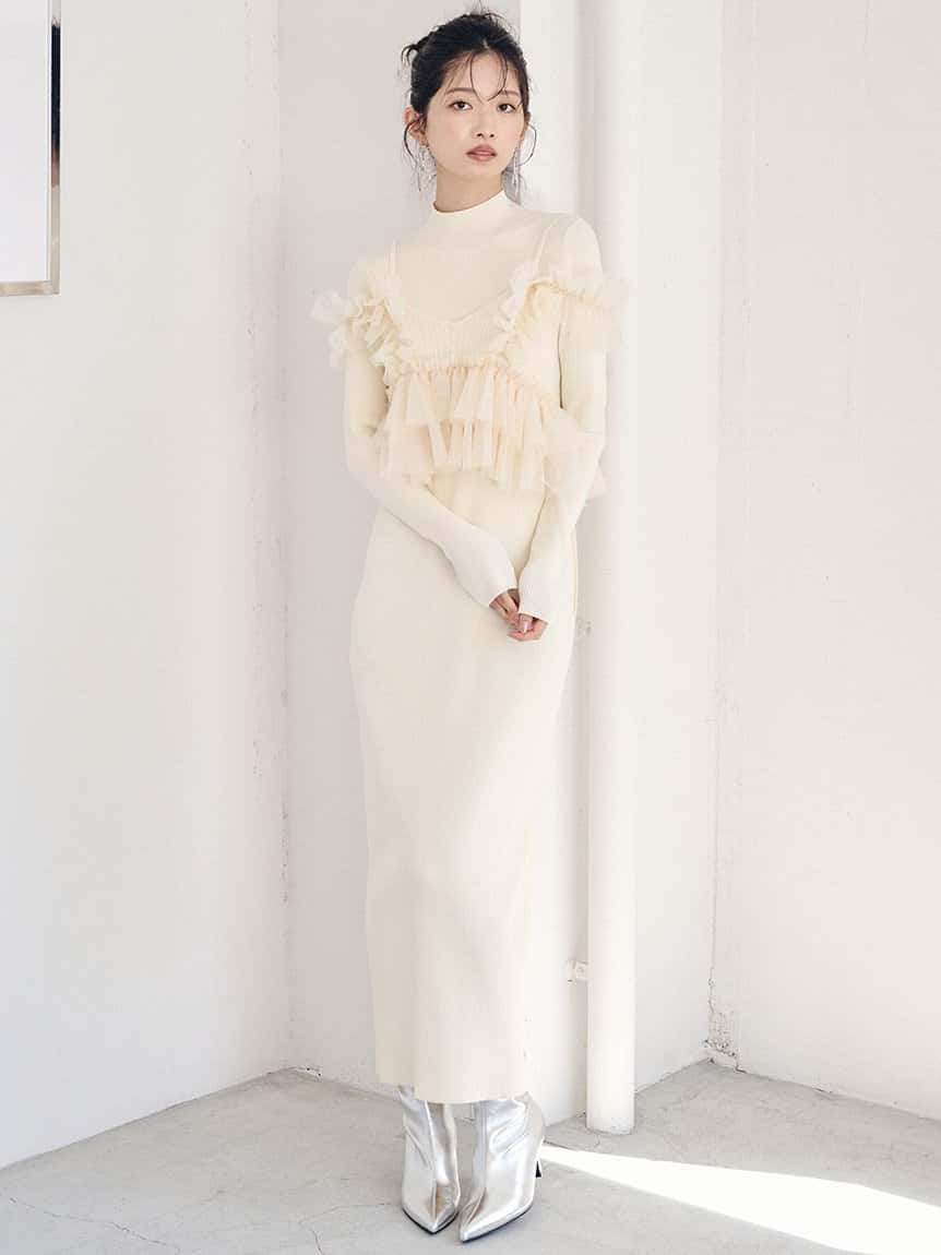【SALE／50%OFF】LILY BROWN 【WEB限定カラー】フリルビスチェセットニットワンピース リリーブラウン ワンピース・ドレス ワンピース ホワイト グレー ブラック レッド【送料無料】