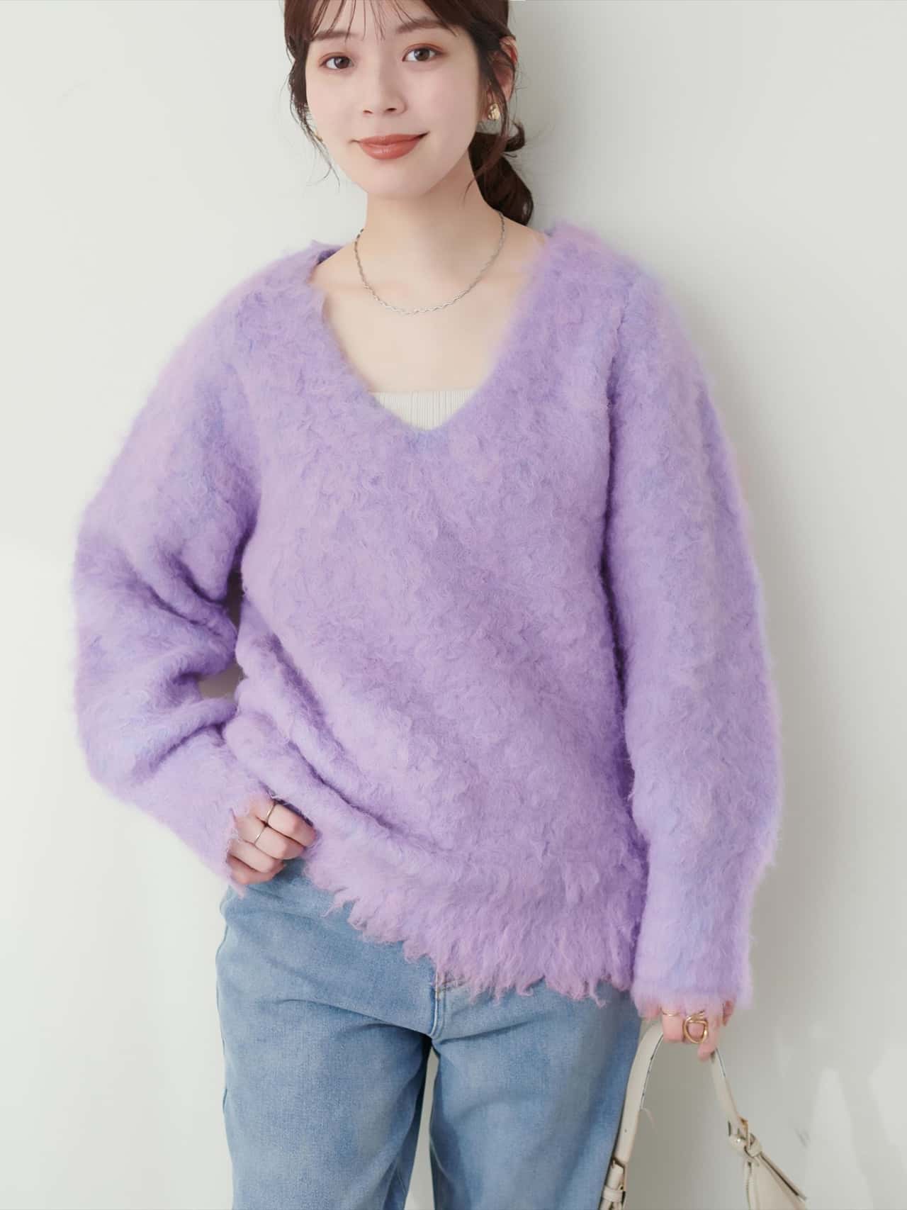 【SALE／80%OFF】natural couture 骨ストループヤーン起毛Vネックニット ナチュラルクチュール トップス ニット ホワイト ベージュ パープル グレー イエロー ブルー オレンジ