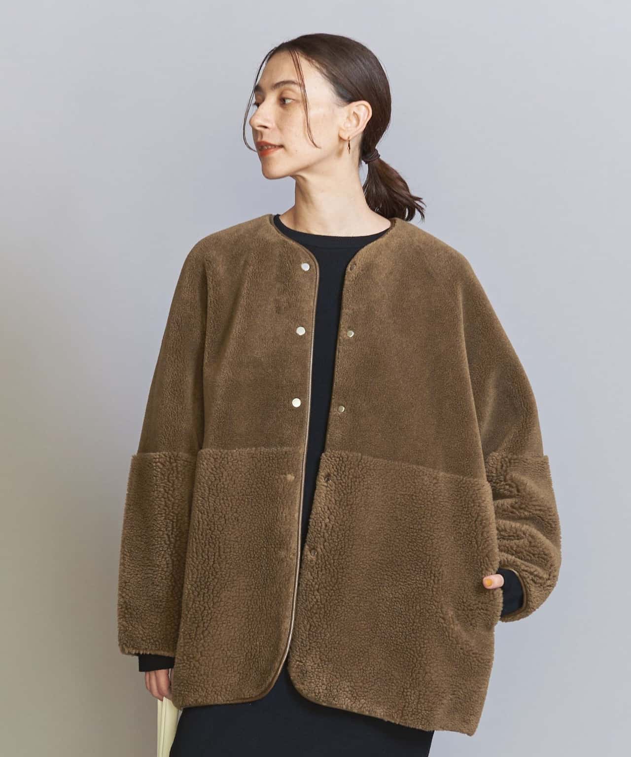 BEAUTY&YOUTH UNITED ARROWS 【WEB限定】ボア*フェイクムートン ノーカラーリバーシブルコート -2WAY- ビューティー＆ユース　ユナイテッドアローズ ジャケット・アウター その他のジャケット・アウター ホワイト ブラウン グレー ネイビー【送料無料】