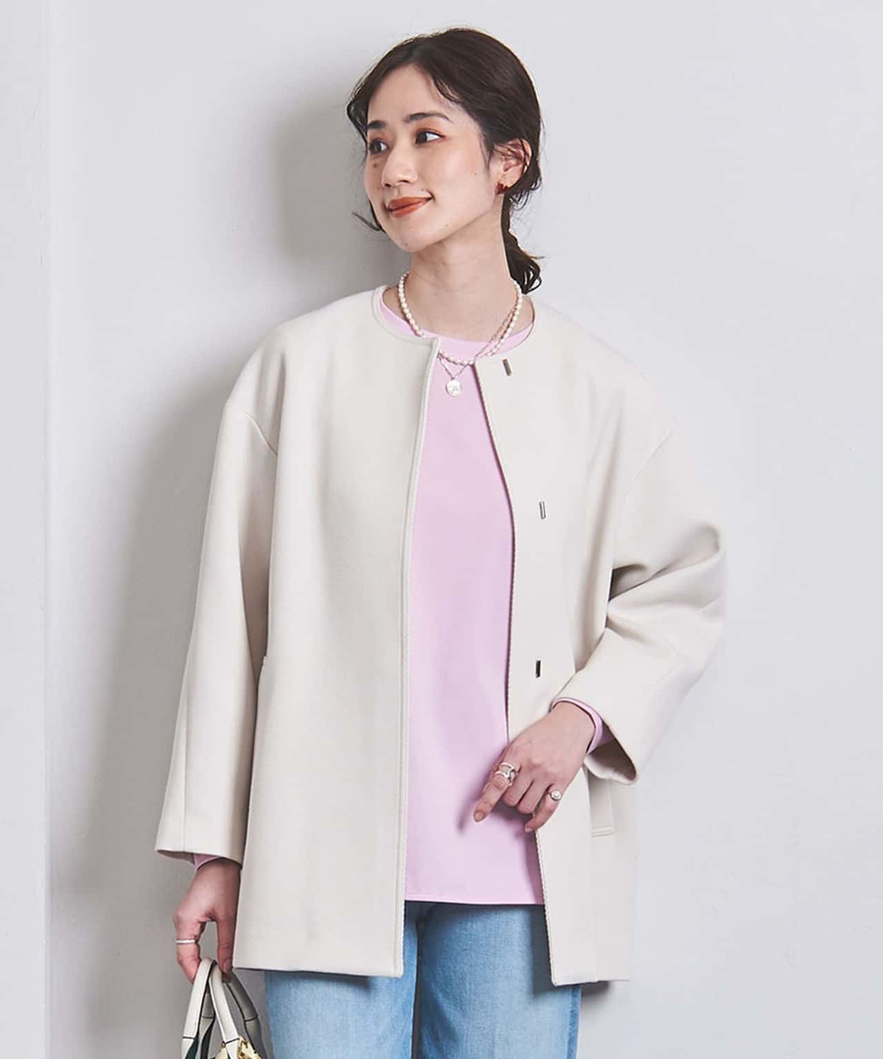 【SALE／70%OFF】UNITED ARROWS P/R ツイル ノーカラー ミドルコート ユナイテッドアローズ アウトレット ジャケット・アウター その他のジャケット・アウター ホワイト ブルー【送料無料】