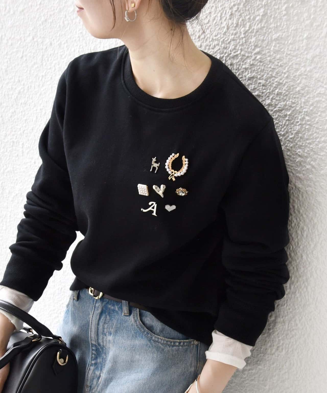 SHIPS any 【WEB限定】SHIPS any:＜手洗い可能＞裏起毛 ビジュー クルーネック コンパクト プルオーバー シップス トップス スウェット・トレーナー グレー ネイビー ホワイト ブラック【送料無料】