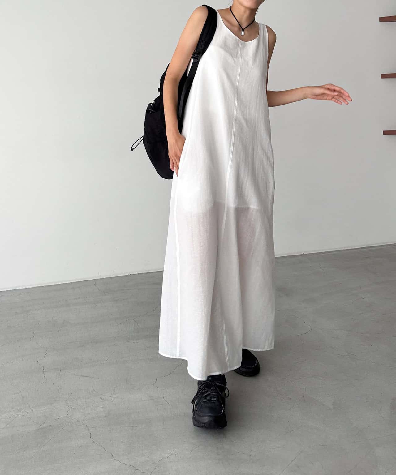 【SALE／20%OFF】El mar El mar コットンナイロンバックオープンワンピース キャナルジーン ワンピース・ドレス ワンピース ブラック ホワイト【送料無料】