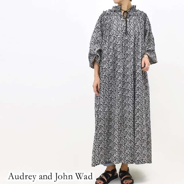 Audrey and John Wad オードリーアンドジョンワッド インドコットンネックギャザーフリルマキシワンピース L2402 レディース【ブラック ボタニカル柄】【送料無料】