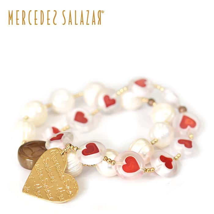 ≪MERCEDES SALAZAR≫ メルセデス サラザール 2本セット 真珠 パール ゴールド ビーズ ハート プレート チャーム ブレスレット Pearl Bracelet (Gold) レディース ギフト