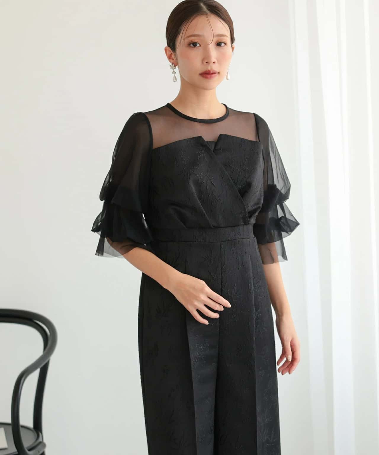haremode haremode レースジャガードパンツドレス 結婚式 お呼ばれ パーティードレス 袖あり ハレモード ワンピース・ドレス ドレス ネイビー グレー ブラウン ブラック【送料無料】