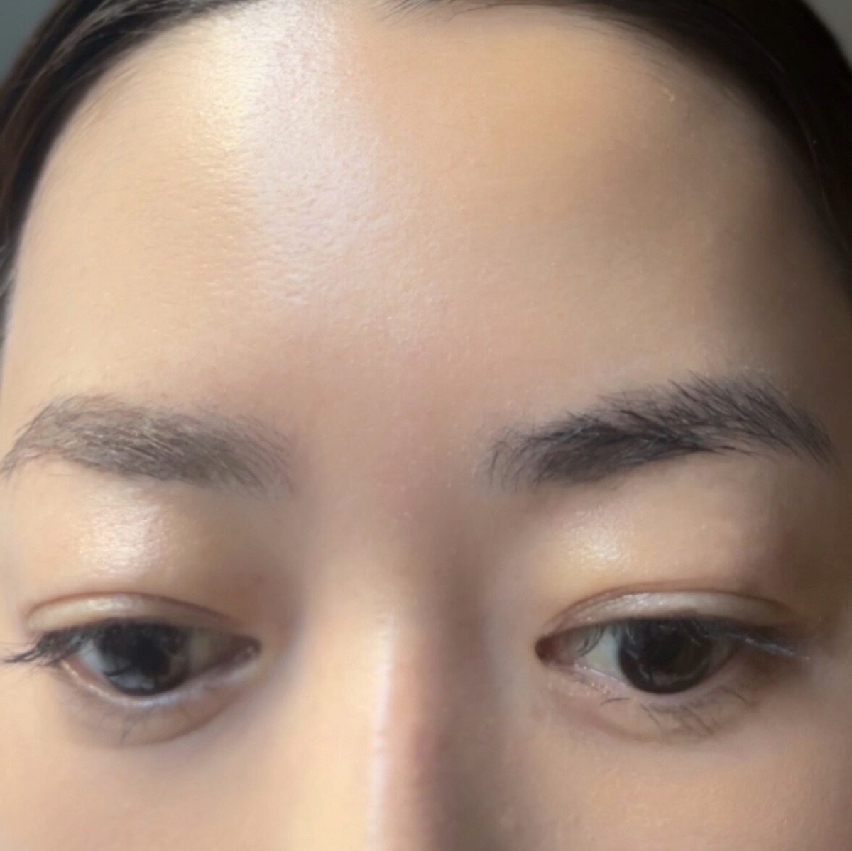 うす眉メーカーを片側だけ塗った眉の比較。向かって左が塗った側で、右の素の眉より黒さが抑えられている